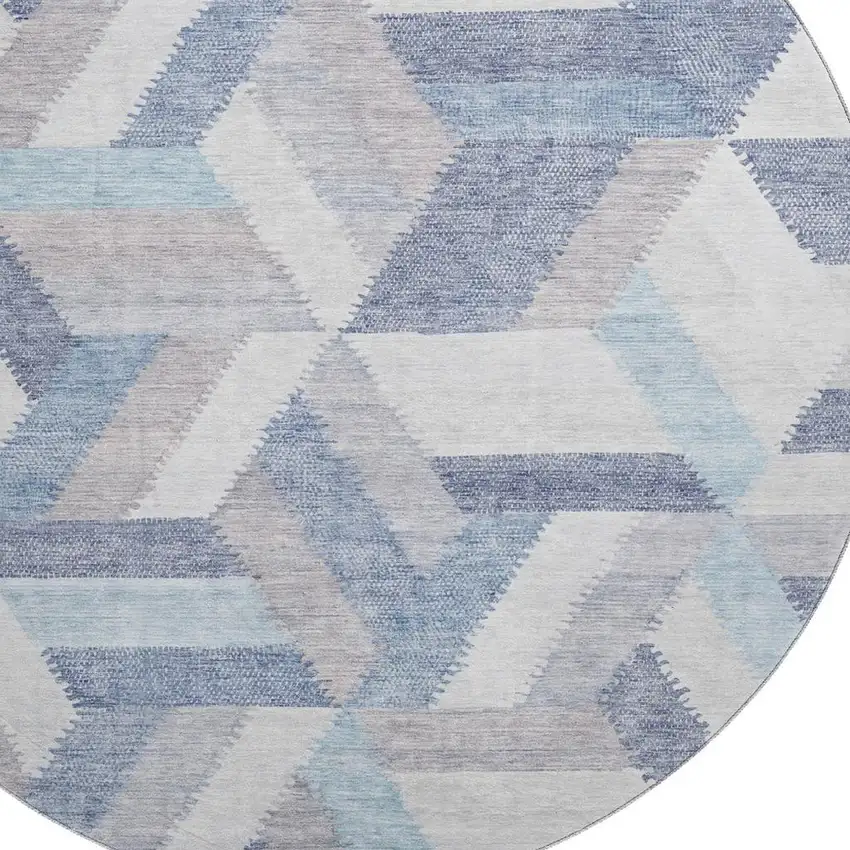 8' X 8' Denim Blue Ivory And Gray Geometric Washable Round Rug With UV Protection Photo 2