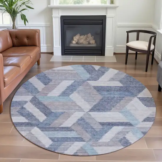 8' X 8' Denim Blue Ivory And Gray Geometric Washable Round Rug With UV Protection Photo 4