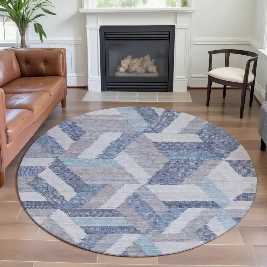 8' X 8' Denim Blue Ivory And Gray Geometric Washable Round Rug With UV Protection Photo 4
