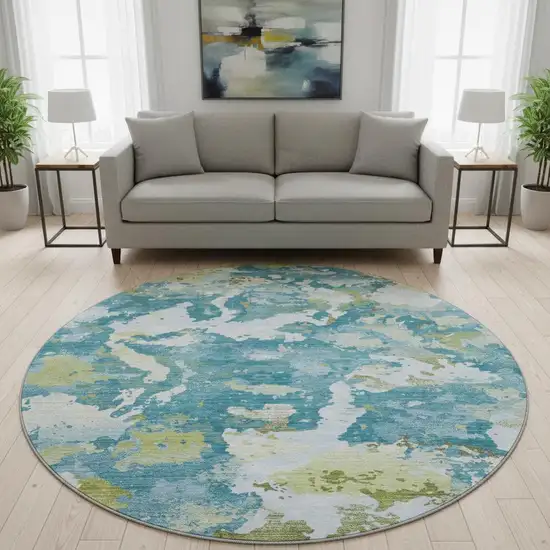 8' X 8' Denim Blue Ivory And Green Abstract Washable Round Rug With UV Protection Photo 2