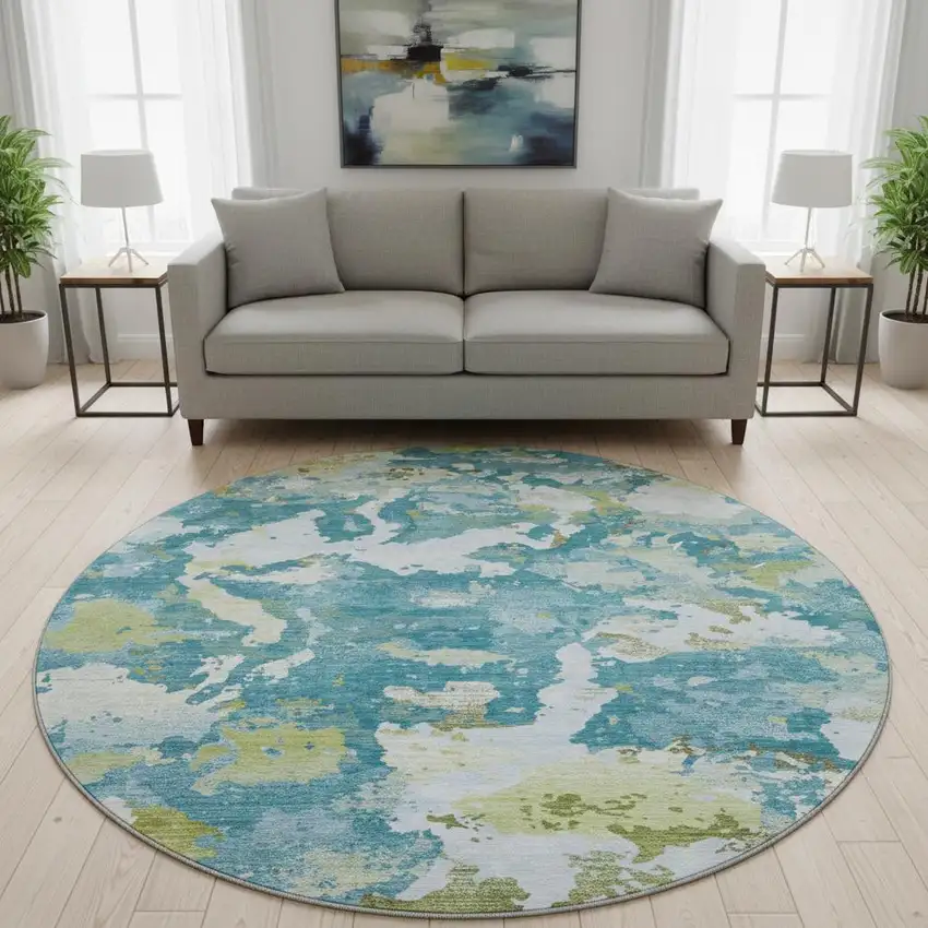 8' X 8' Denim Blue Ivory And Green Abstract Washable Round Rug With UV Protection Photo 2
