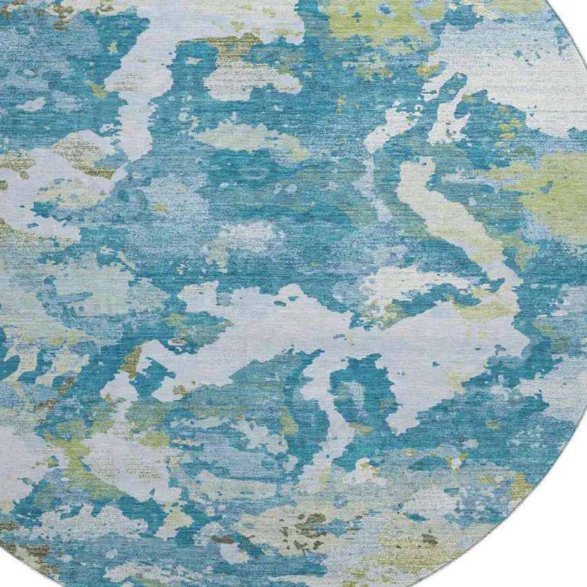 8' X 8' Denim Blue Ivory And Green Abstract Washable Round Rug With UV Protection Photo 2