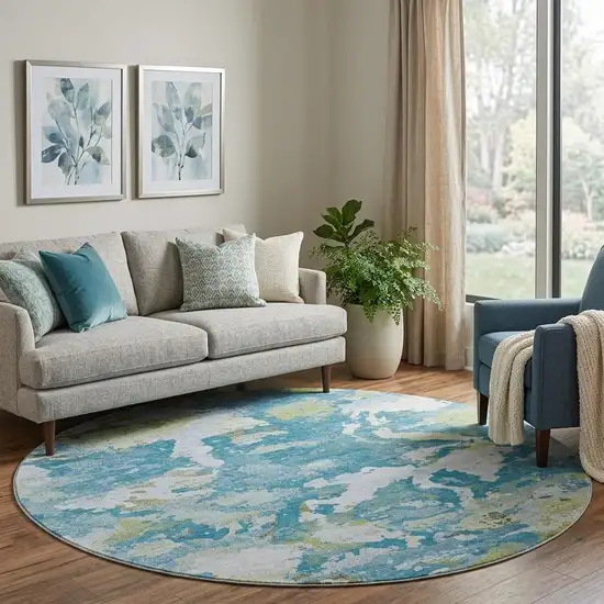 8' X 8' Denim Blue Ivory And Green Abstract Washable Round Rug With UV Protection Photo 1