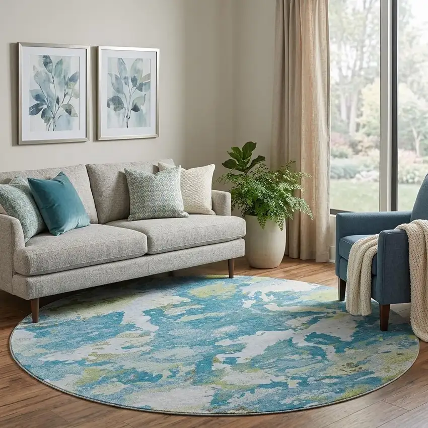 8' X 8' Denim Blue Ivory And Green Abstract Washable Round Rug With UV Protection Photo 1