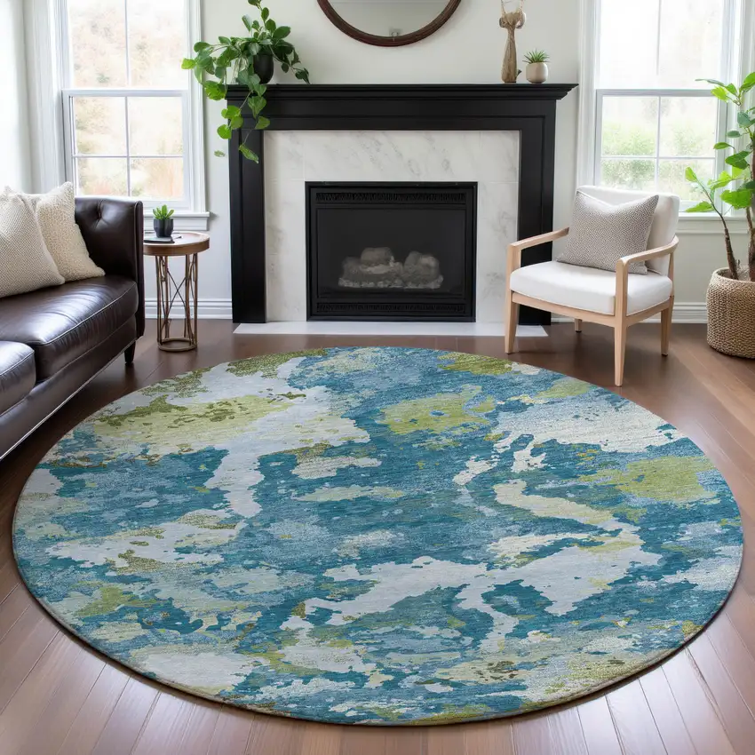 8' X 8' Denim Blue Ivory And Green Abstract Washable Round Rug With UV Protection Photo 4