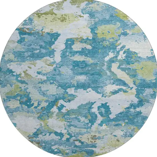 8' X 8' Denim Blue Ivory And Green Abstract Washable Round Rug With UV Protection Photo 3
