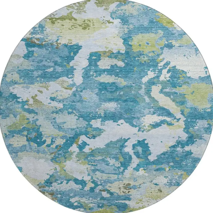 8' X 8' Denim Blue Ivory And Green Abstract Washable Round Rug With UV Protection Photo 3