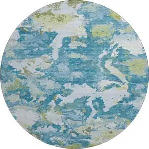Photo of 8' X 8' Denim Blue Ivory And Green Abstract Washable Round Rug With UV Protection