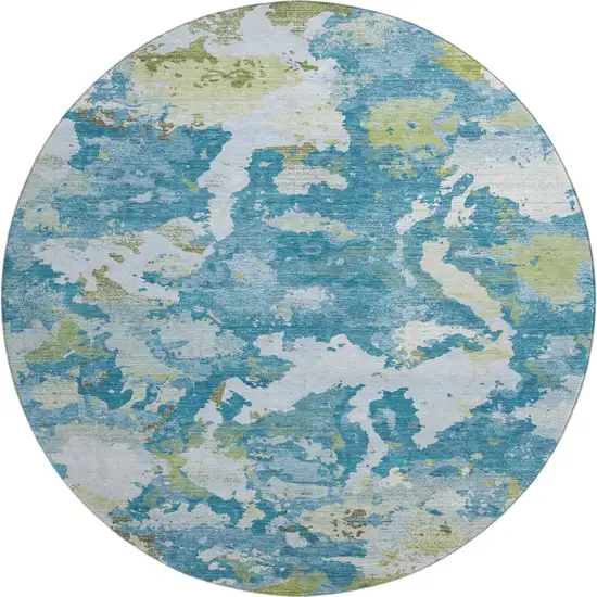 8' X 8' Denim Blue Ivory And Green Abstract Washable Round Rug With UV Protection Photo 1