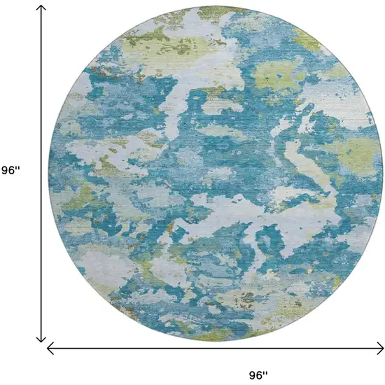 8' X 8' Denim Blue Ivory And Green Abstract Washable Round Rug With UV Protection Photo 9