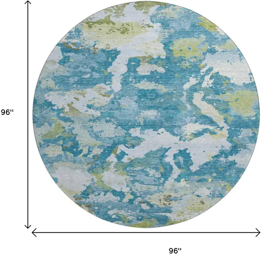 8' X 8' Denim Blue Ivory And Green Abstract Washable Round Rug With UV Protection Photo 9