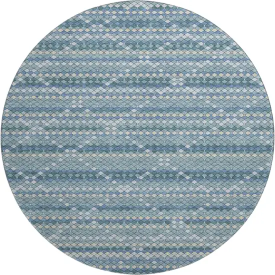 8' X 8' Denim Blue Ivory And Teal Geometric Washable Round Rug With UV Protection Photo 1