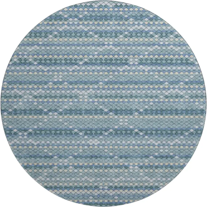 8' X 8' Denim Blue Ivory And Teal Geometric Washable Round Rug With UV Protection Photo 1