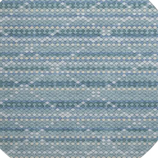 8' X 8' Denim Blue Ivory And Teal Geometric Washable Round Rug With UV Protection Photo 2