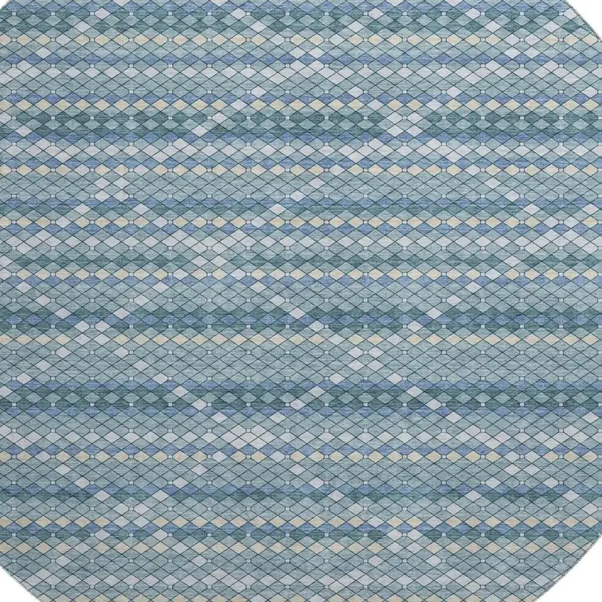 8' X 8' Denim Blue Ivory And Teal Geometric Washable Round Rug With UV Protection Photo 2