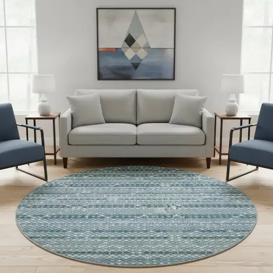 8' X 8' Denim Blue Ivory And Teal Geometric Washable Round Rug With UV Protection Photo 2