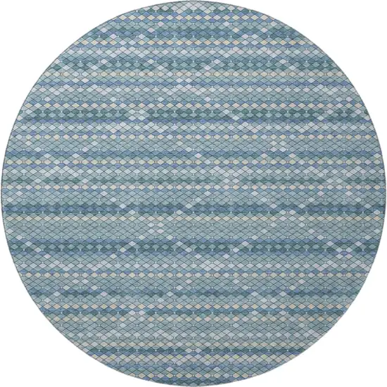8' X 8' Denim Blue Ivory And Teal Geometric Washable Round Rug With UV Protection Photo 3