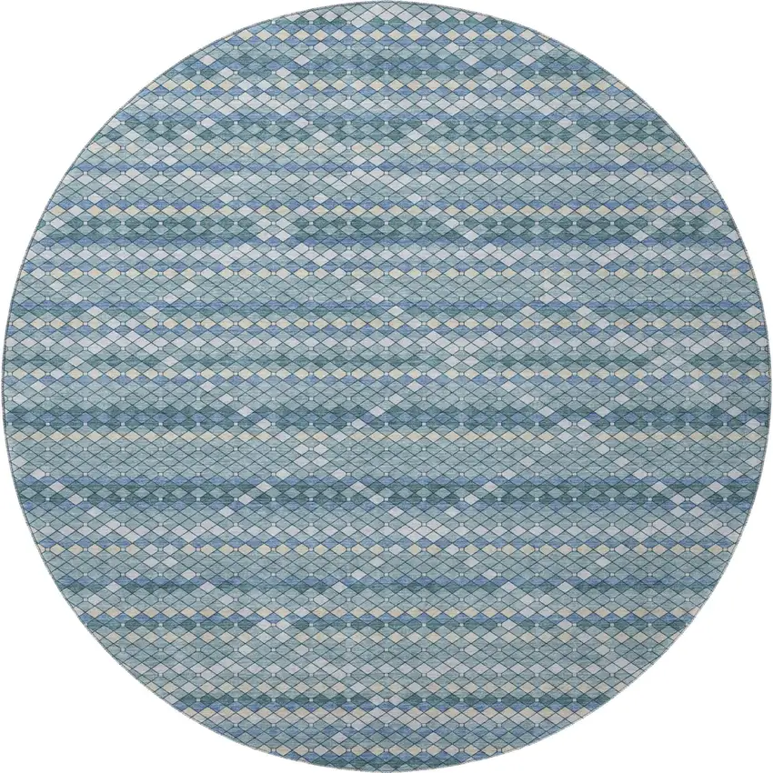 8' X 8' Denim Blue Ivory And Teal Geometric Washable Round Rug With UV Protection Photo 3