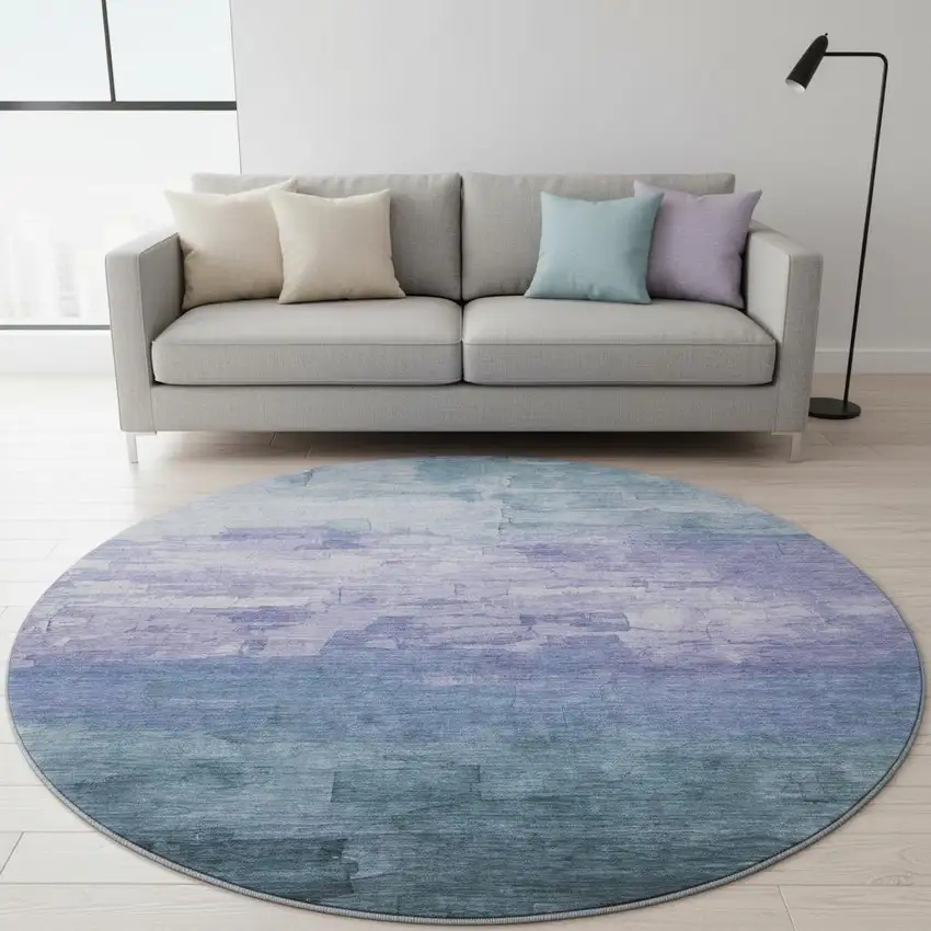 8' X 8' Denim Blue Lavender And Sky Blue Striped Washable Round Rug With UV Protection Photo 2