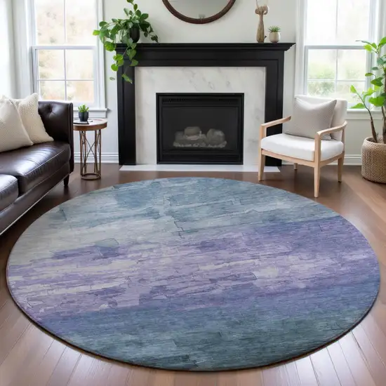8' X 8' Denim Blue Lavender And Sky Blue Striped Washable Round Rug With UV Protection Photo 4