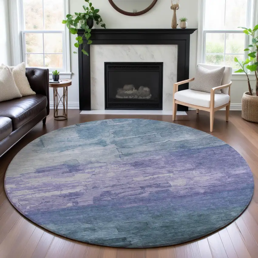 8' X 8' Denim Blue Lavender And Sky Blue Striped Washable Round Rug With UV Protection Photo 4