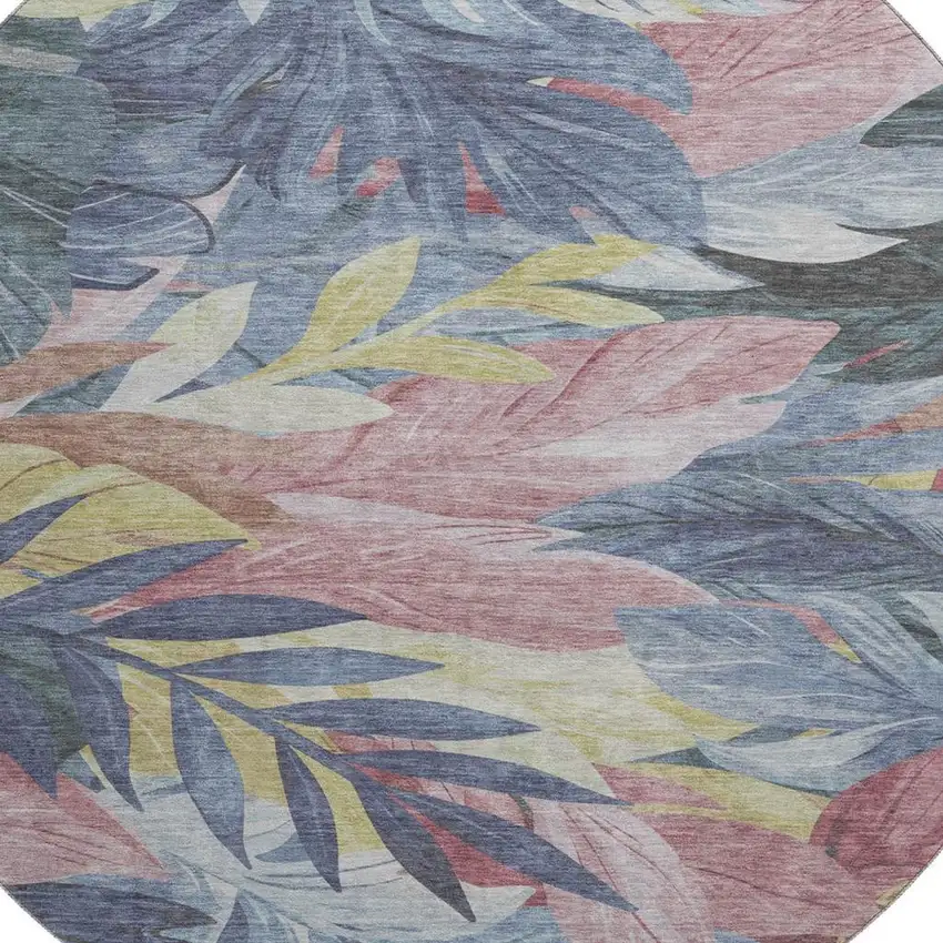 8' X 8' Denim Blue Mauve And Gold Floral Washable Round Rug With UV Protection Photo 2