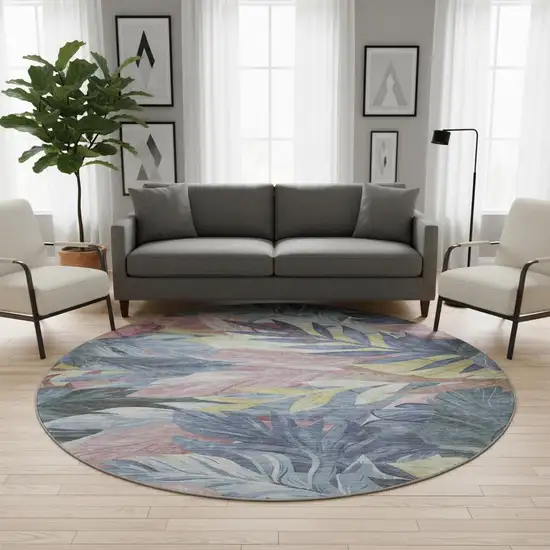 8' X 8' Denim Blue Mauve And Gold Floral Washable Round Rug With UV Protection Photo 2