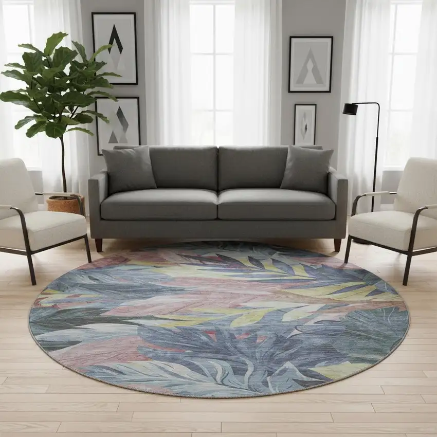 8' X 8' Denim Blue Mauve And Gold Floral Washable Round Rug With UV Protection Photo 2