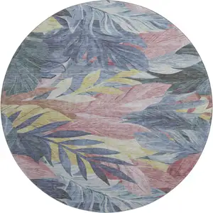 Photo of 8' X 8' Denim Blue Mauve And Gold Floral Washable Round Rug With UV Protection