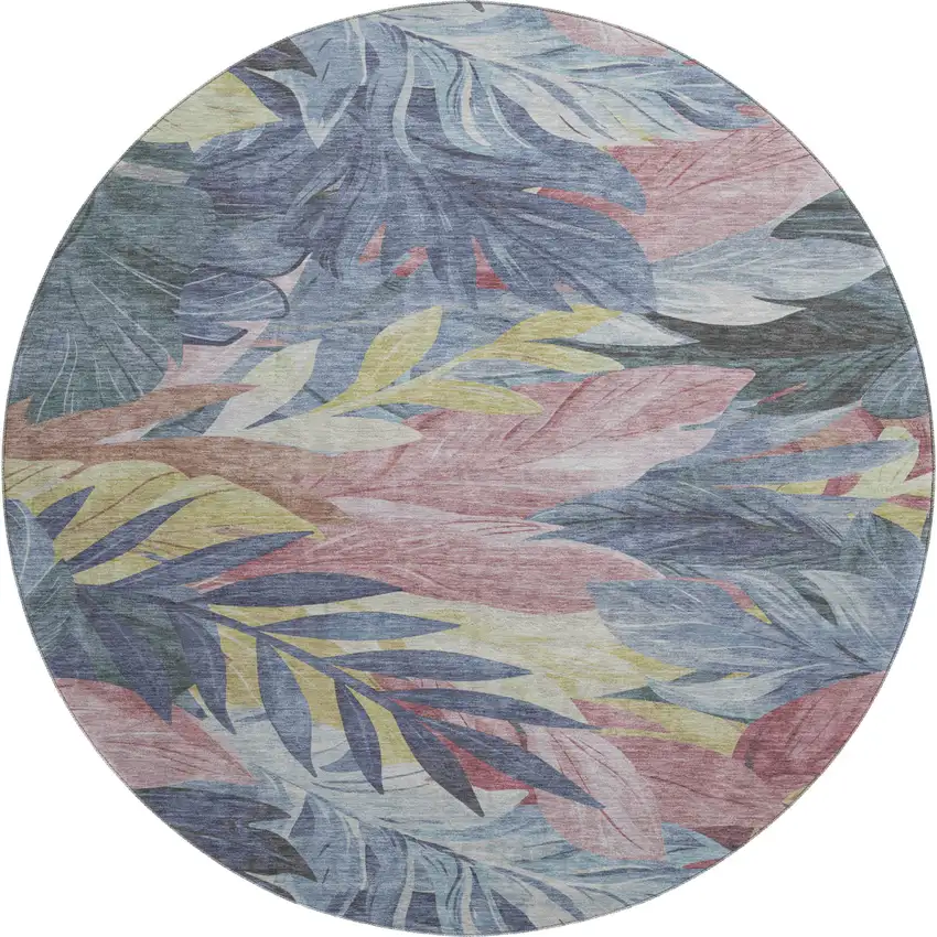 8' X 8' Denim Blue Mauve And Gold Floral Washable Round Rug With UV Protection Photo 1