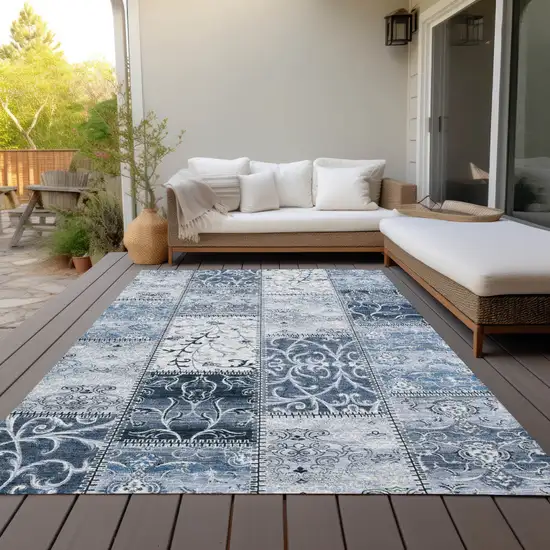 Denim Blue Patchwork Washable Non Skid Indoor Outdoor Area Rug Photo 9