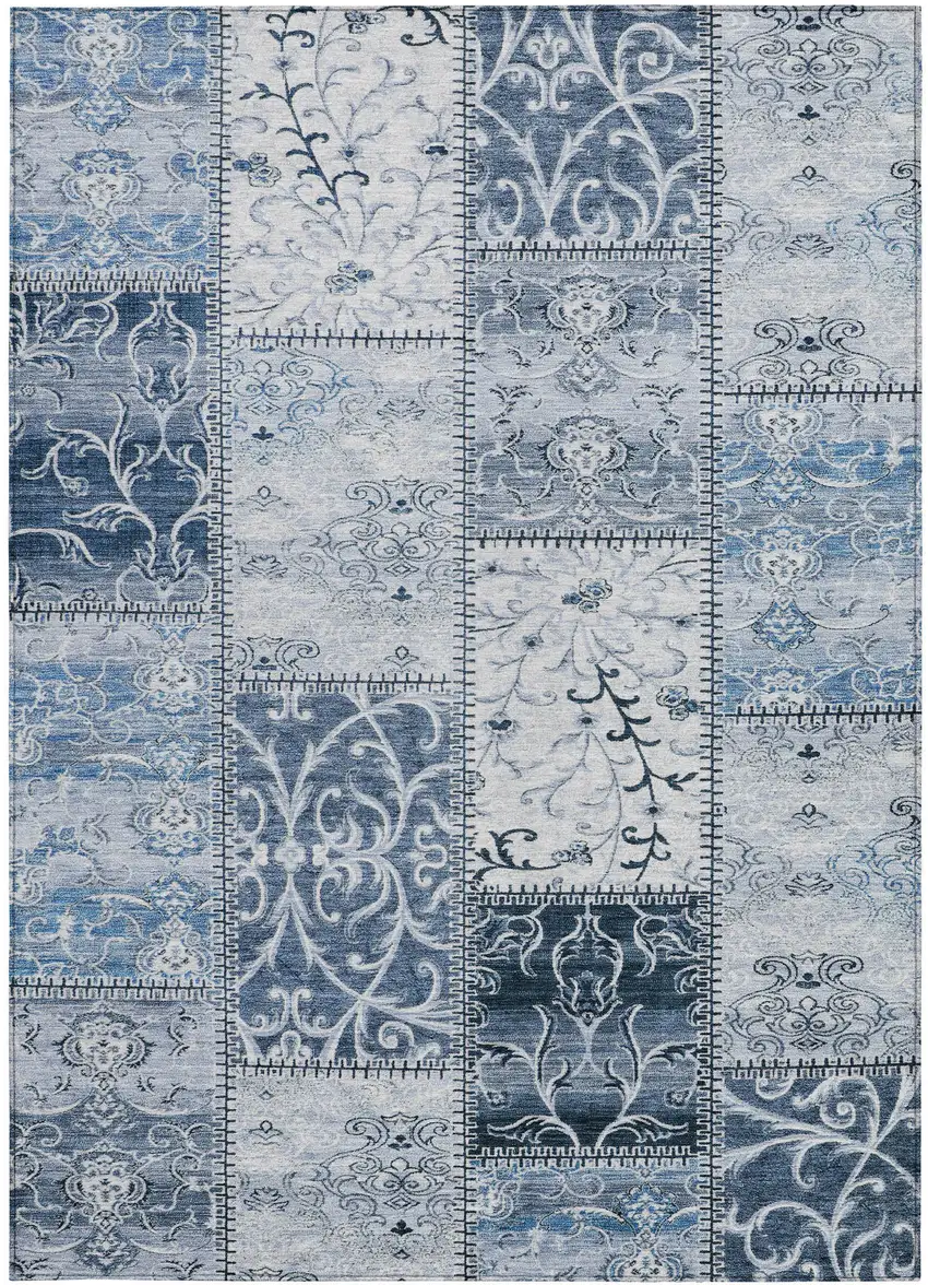 Denim Blue Patchwork Washable Non Skid Indoor Outdoor Area Rug Photo 5
