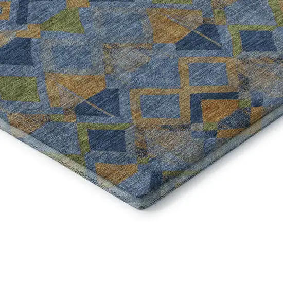 8' X 8' Denim Blue Peach And Green Geometric Washable Round Rug With UV Protection Photo 6