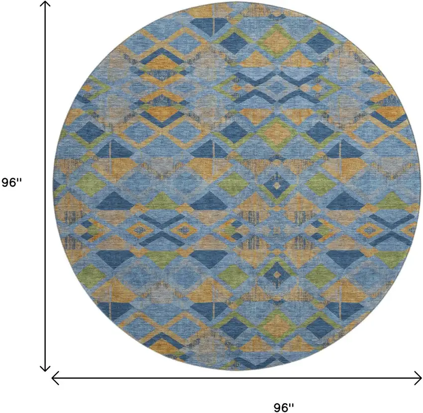 8' X 8' Denim Blue Peach And Green Geometric Washable Round Rug With UV Protection Photo 9