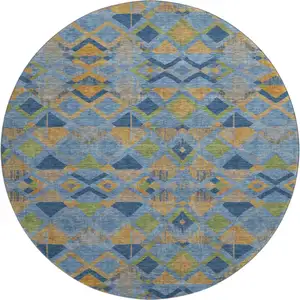 Photo of 8' X 8' Denim Blue Peach And Green Geometric Washable Round Rug With UV Protection