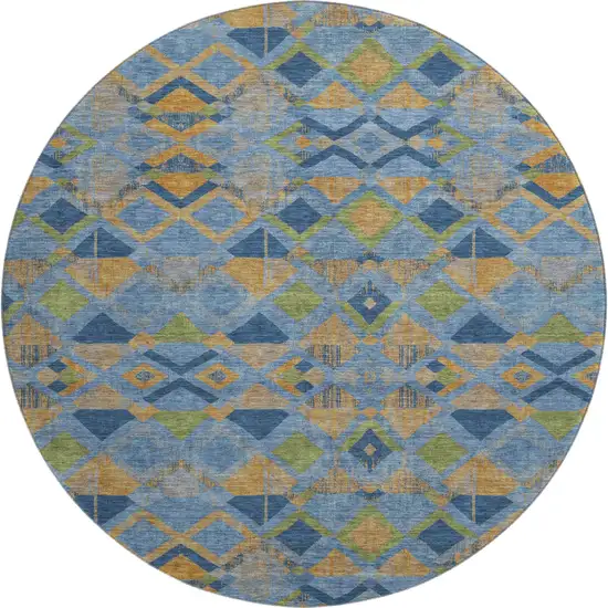 8' X 8' Denim Blue Peach And Green Geometric Washable Round Rug With UV Protection Photo 1