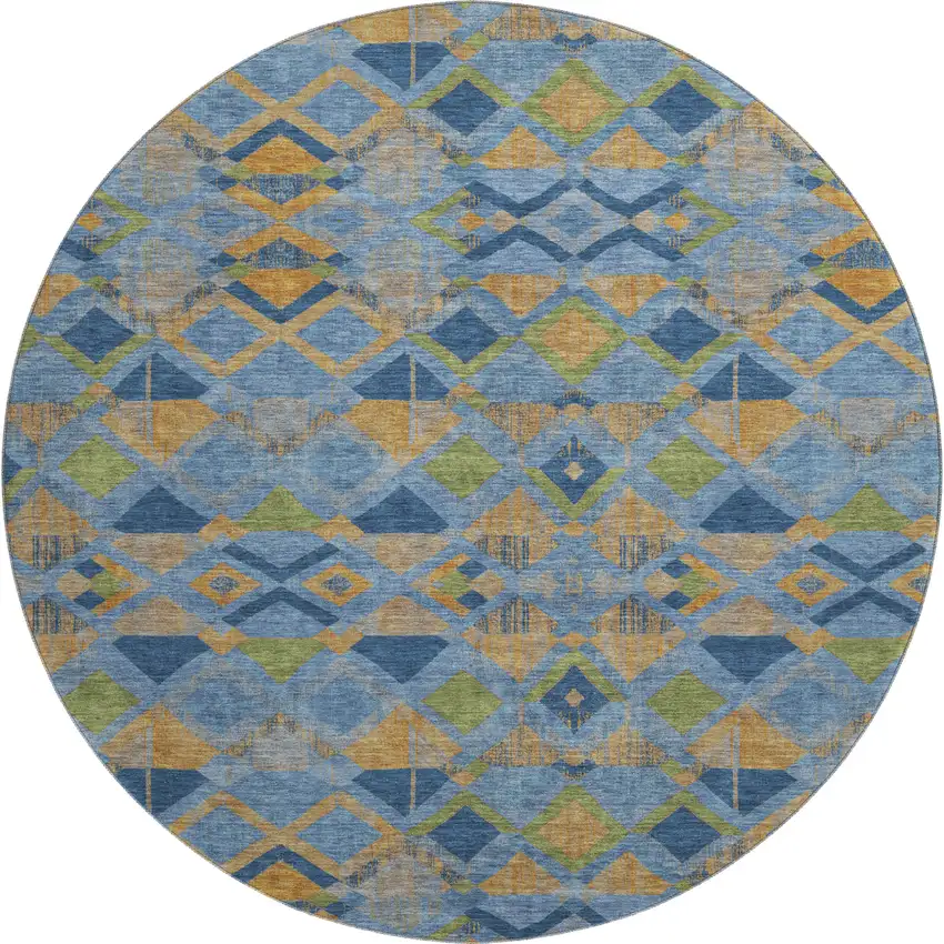 8' X 8' Denim Blue Peach And Green Geometric Washable Round Rug With UV Protection Photo 1