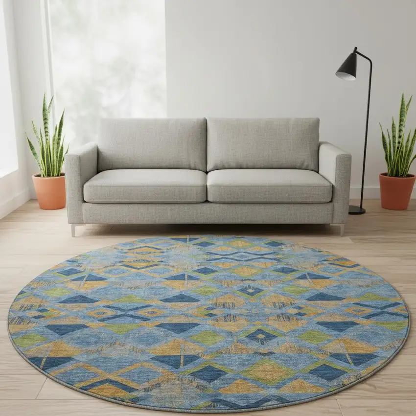 8' X 8' Denim Blue Peach And Green Geometric Washable Round Rug With UV Protection Photo 2