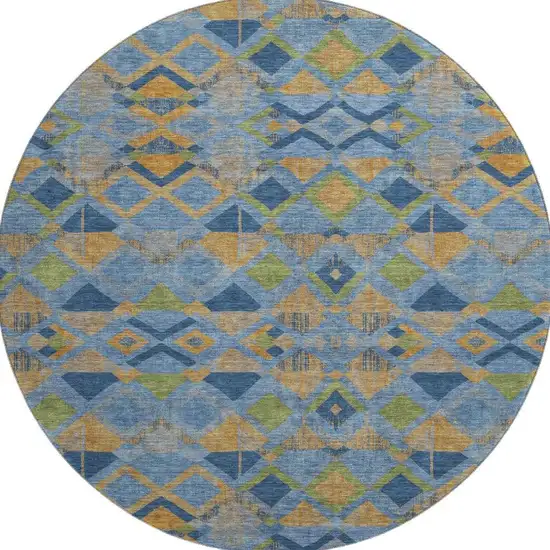 8' X 8' Denim Blue Peach And Green Geometric Washable Round Rug With UV Protection Photo 3