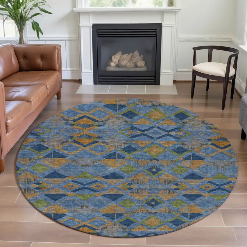 8' X 8' Denim Blue Peach And Green Geometric Washable Round Rug With UV Protection Photo 4