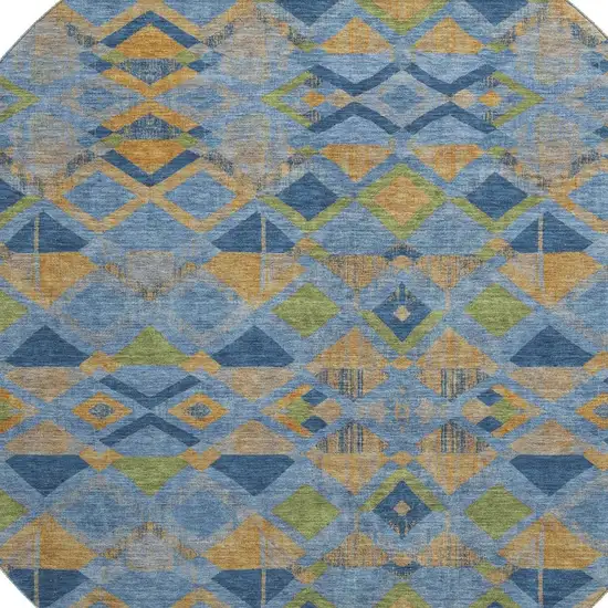 8' X 8' Denim Blue Peach And Green Geometric Washable Round Rug With UV Protection Photo 2