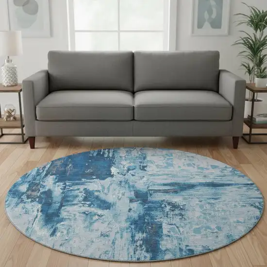 8' X 8' Denim Blue Silver And Gray Abstract Washable Round Rug With UV Protection Photo 2