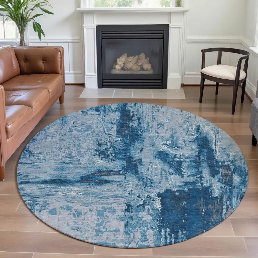 8' X 8' Denim Blue Silver And Gray Abstract Washable Round Rug With UV Protection Photo 4