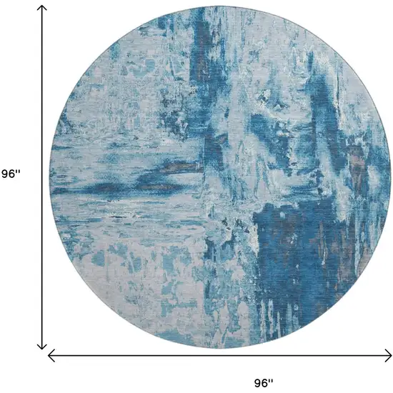 8' X 8' Denim Blue Silver And Gray Abstract Washable Round Rug With UV Protection Photo 9