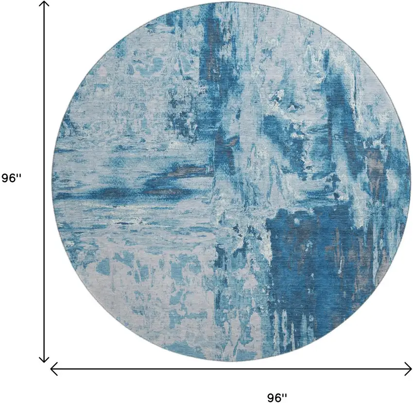 8' X 8' Denim Blue Silver And Gray Abstract Washable Round Rug With UV Protection Photo 9