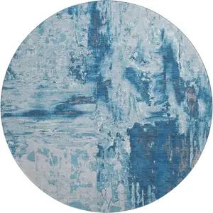 Photo of 8' X 8' Denim Blue Silver And Gray Abstract Washable Round Rug With UV Protection