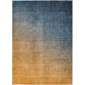Photo of 3' X 5' Denim and Gold Ombre Washable Non Skid Indoor Outdoor Area Rug