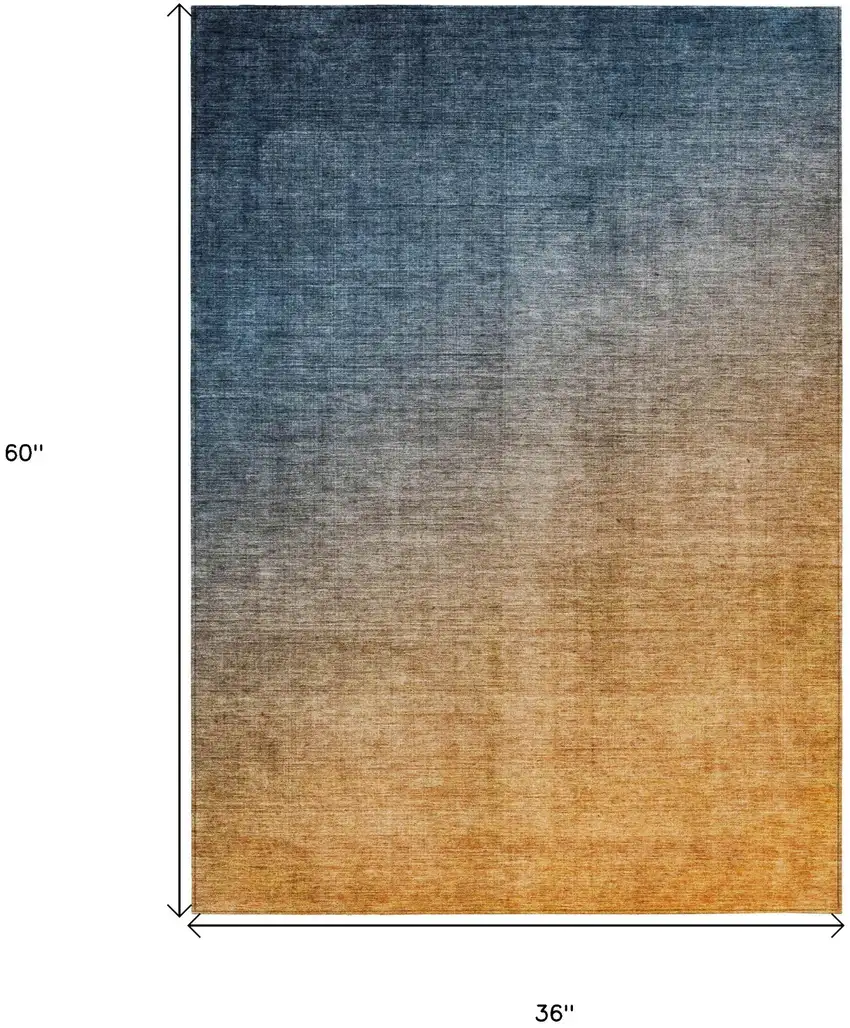 Denim and Gold Ombre Washable Non Skid Indoor Outdoor Area Rug Photo 3