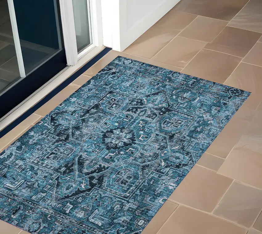 Denim and Gray Oriental Washable Non Skid Indoor Outdoor Area Rug Photo 2
