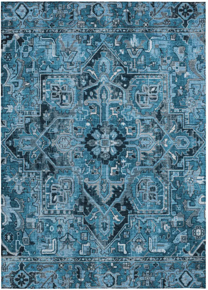 Denim and Gray Oriental Washable Non Skid Indoor Outdoor Area Rug Photo 1